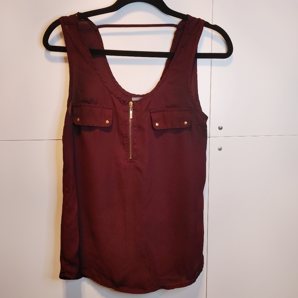 Maroon Sleeveless Blouse Gold Zipper Front Juniors Small Flowy Tank Top - Picture 4 of 9